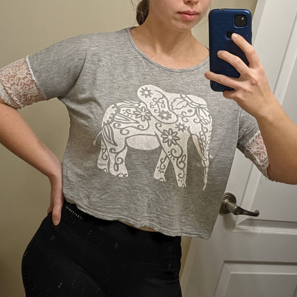 Cropped Elephant Tee with Lace Sleeves, Size S
